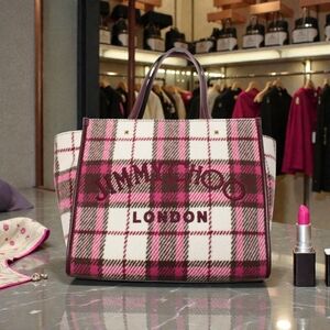 🔥Jimmy Choo Varenne Tote  in Burgundy Check Plaid Wool Logo Embroidery